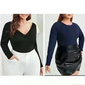 Shein Plus Size Tops Lace Trim Ribbed Knit Tee and Solid Raglan Sleeve Tee (416)